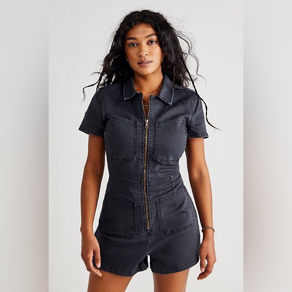 Free People CRVY Lennox Shortsuit Romper in Stretch Carbon Denim